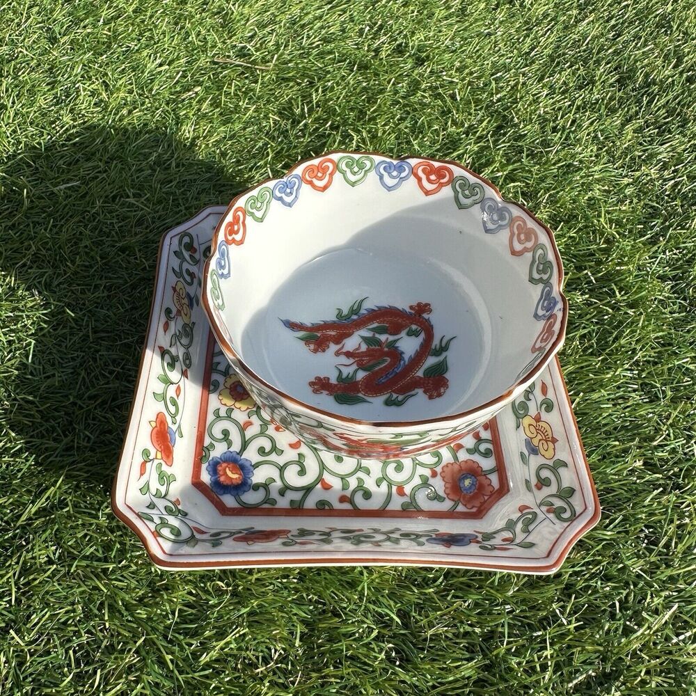 Vtg Rare Omc Otagiri Japan Porcelain Red Dragon‎ Petal Form Rice Bowl And Plate